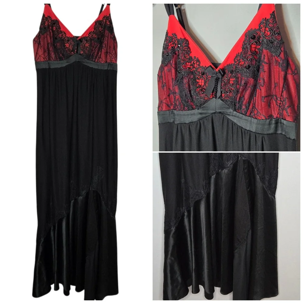 Soma Black Red Lace Maxi Slip Dress Gothic Vampy Asymmetric Hem Nightgown Medium